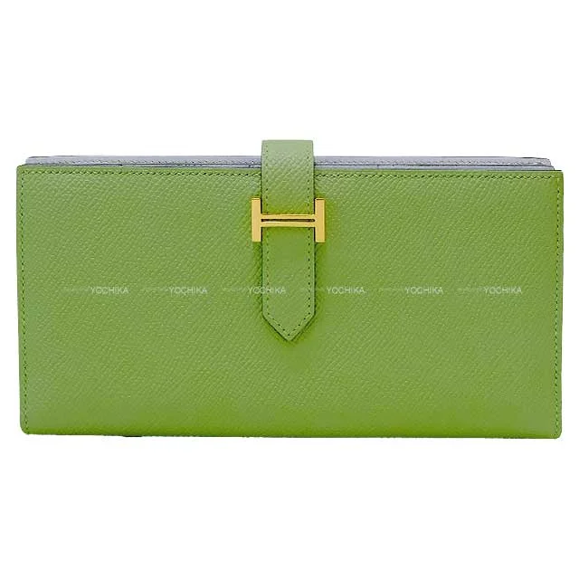 [Pre-loved] HERMES long wallet Bearn Soufflet Verso Vert criquet/Blue brume  Veau Epsom Gold HW Stamp Y[LIKE NEW][Authentic]