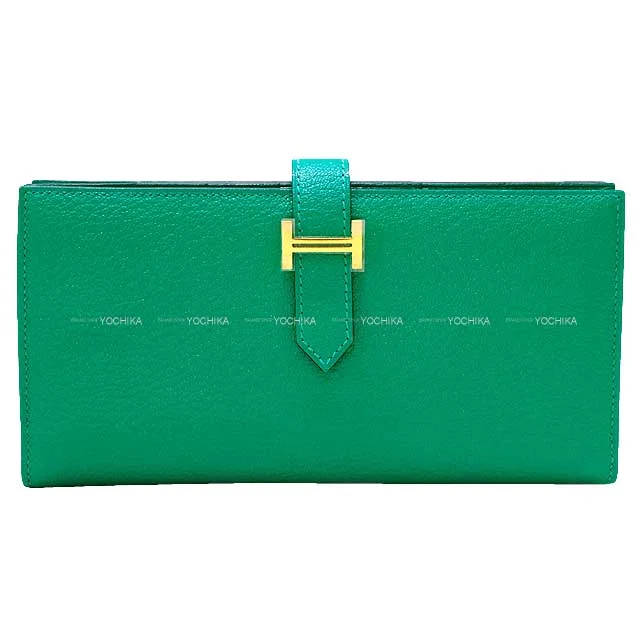 HERMES long wallet Bearn Soufflet Menthe (Mint) Chevre Myzore Gold HW Stamp B[BRAND NEW][Authentic]