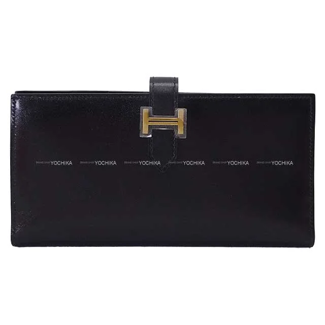 HERMES long wallet Bearn Soufflet Noir (Black) Box Calf Gold HW Stamp X[EXCELLENT][Authentic]