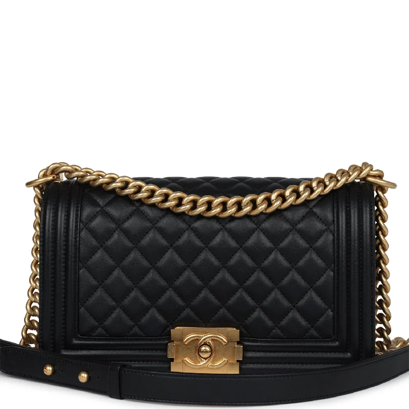 Chanel Medium Boy Bag Black Calfskin Antique Gold Hardware