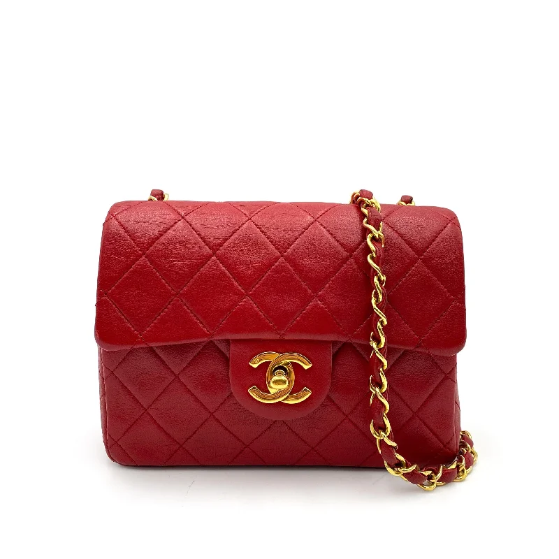 CHANEL VINTAGE MINI SQUARE 17 CHAIN SHOULDER BAG RED LAMB SKIN 90235916 DXBS0108