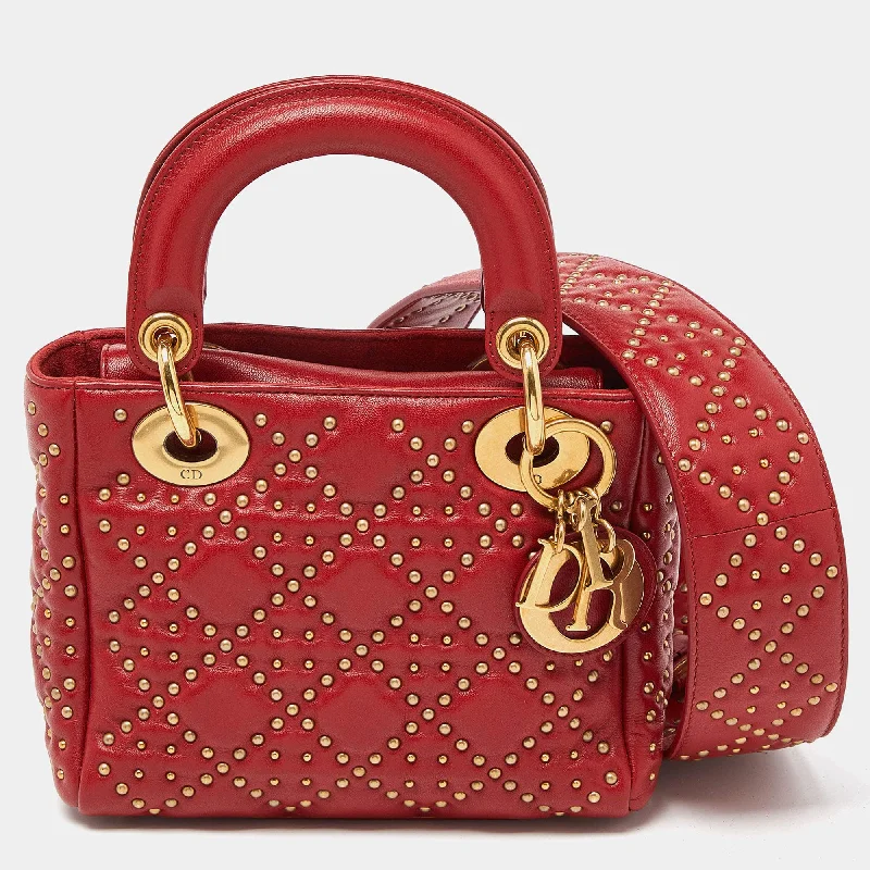 Dior Red Leather Mini Studded Supple Lady Dior Tote RJC4391