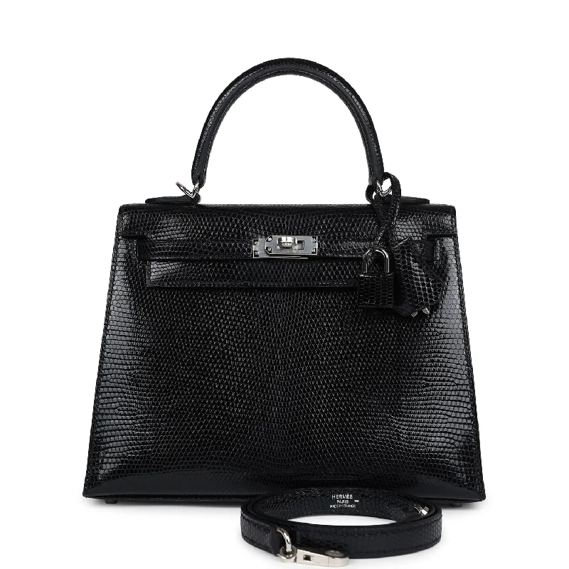 Hermes Kelly Sellier 25 Black Shiny Niloticus Lizard Palladium Hardware