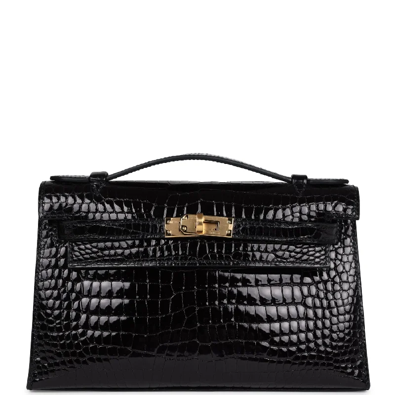 Hermes Kelly Pochette Black Shiny Porosus Crocodile Gold Hardware