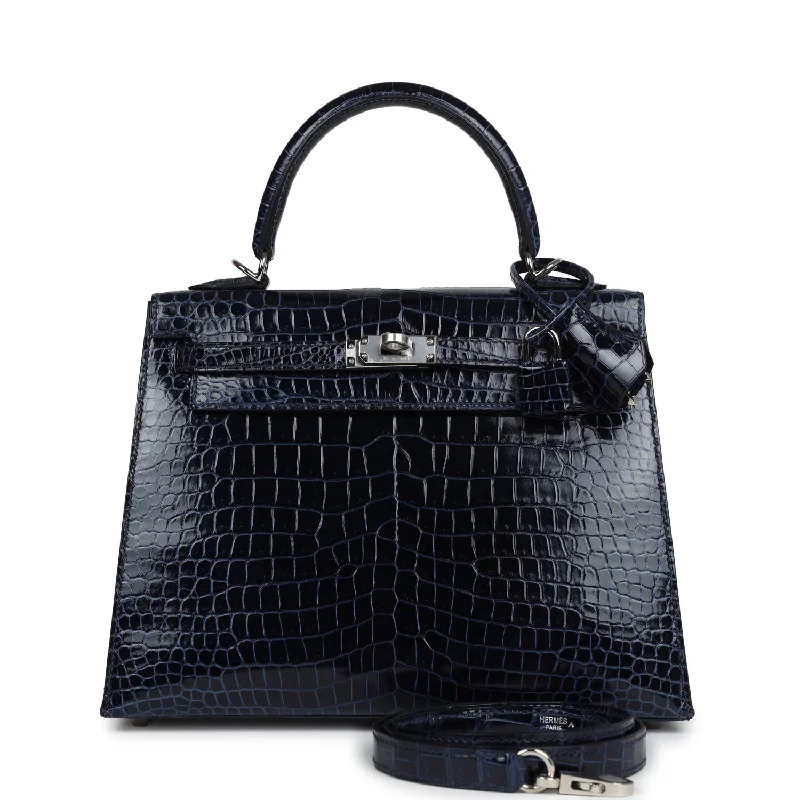 Hermes Kelly Sellier 25 Bleu Marine Shiny Porosus Crocodile Palladium Hardware