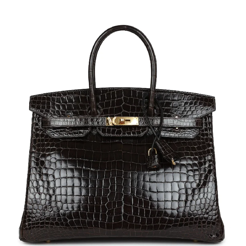 Pre-owned Hermes Birkin 35 Graphite Shiny Porosus Crocodile Gold Hardware