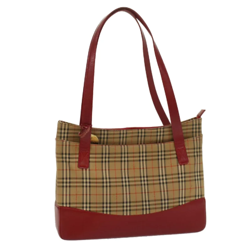 BURBERRY Nova Check Tote Bag Nylon Leather Beige Red Auth 54684